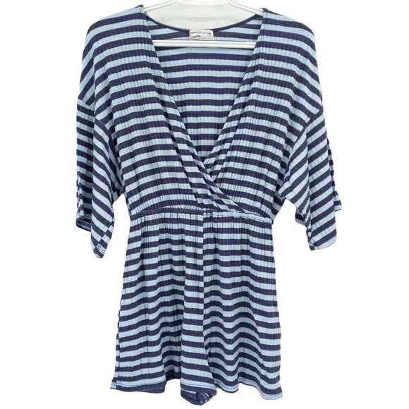 Urban Outfitters Ribbed Knit Surplice Romper Light Blue Striped Summer Beach S - Picture 3 of 10